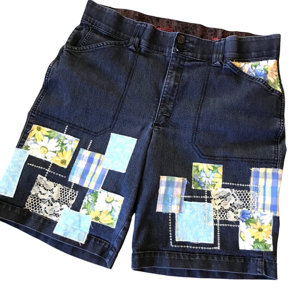 Upcycled Denim Jean Shorts, Boho Patchwork Decorative Stitching, Size 14